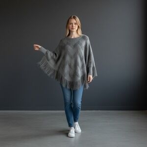 Entro Gray Chevron Fringe‎ Knit Poncho Sweater Pullover Size S
